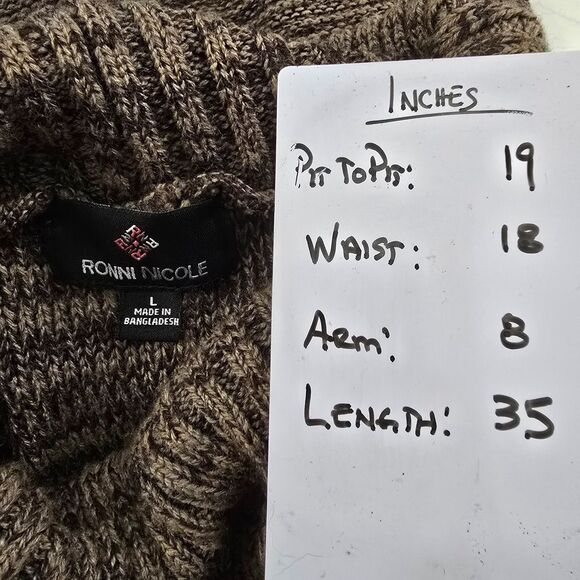 Brown Belted Cable Knit Funnel Cowl Neck Sweater Dress Womens Sz LP Short Sleeve - Picture 7 of 9